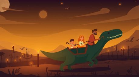 A modern flat design showcases a prehistoric family joyfully riding a dinosaur car in a grand, epic scene bathed in epic lens