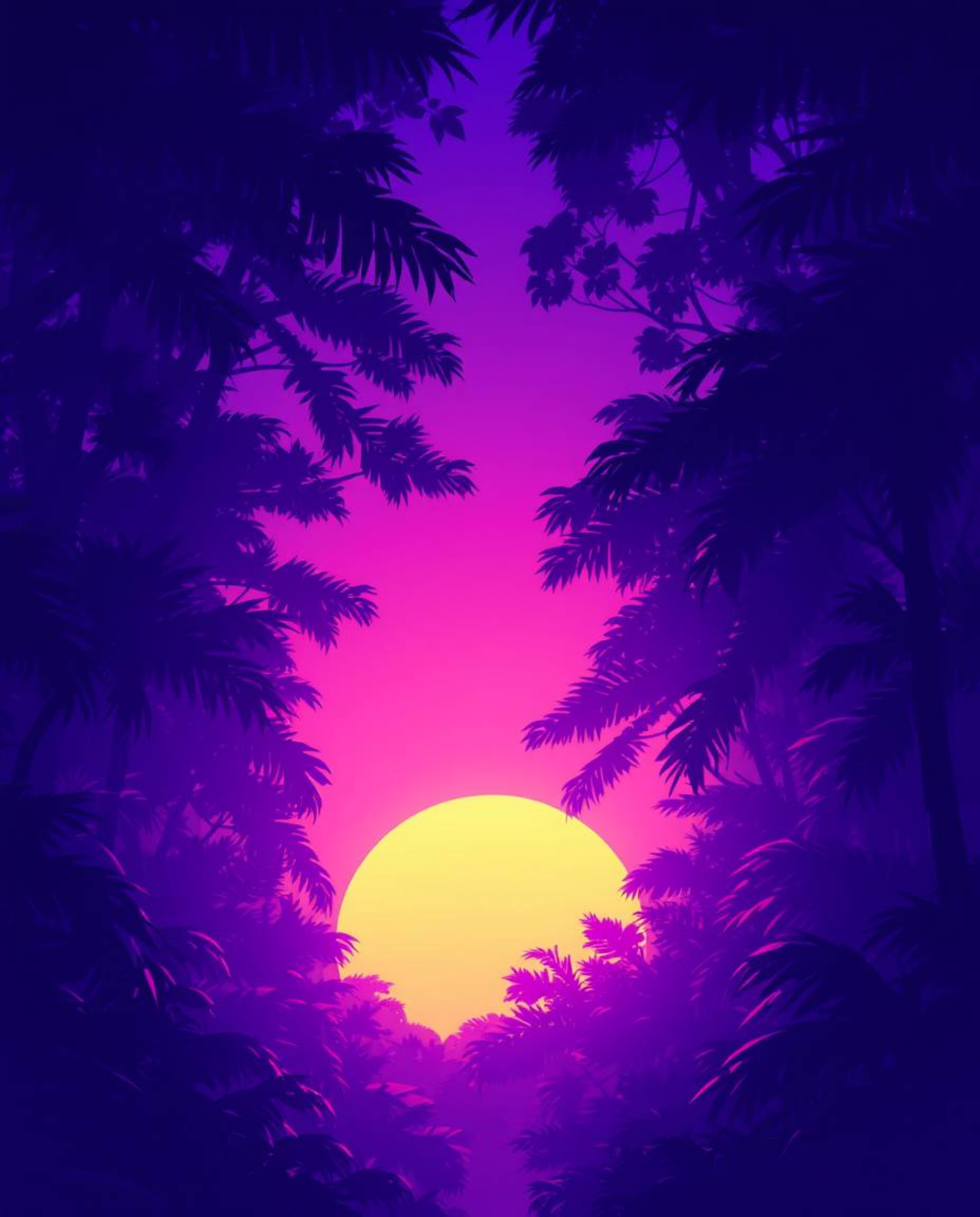 An ethereal and spiritual illustration showcasing a sunset through a dense jungle canopy. The scene is bathed in deep ultravi