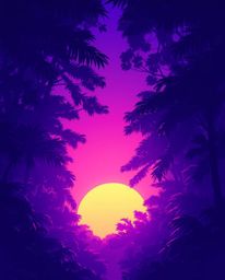 An ethereal and spiritual illustration showcasing a sunset through a dense jungle canopy. The scene is bathed in deep ultravi