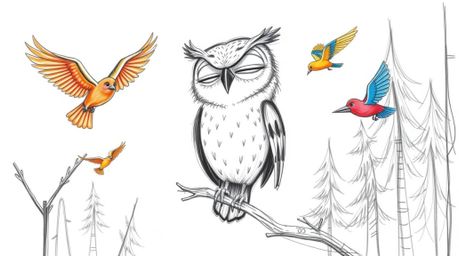 A charming hand-drawn sketch in the style of Pixar depicts a kind, blind owl patiently instructing colorful birds in flight. 