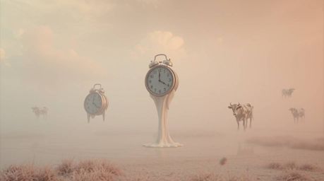Explore a surreal dreamscape where melting clocks drip into a hazy atmosphere and floating cows drift serenely through the sk