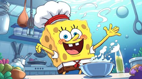 Immerse yourself in this vibrant isekai anime-style illustration featuring a lively sponge character passionately cooking in 