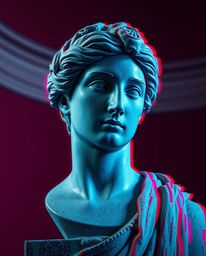 A captivating cinematic image featuring a classical sculpture undergoing digital corruption, manifested as a vibrant and chao