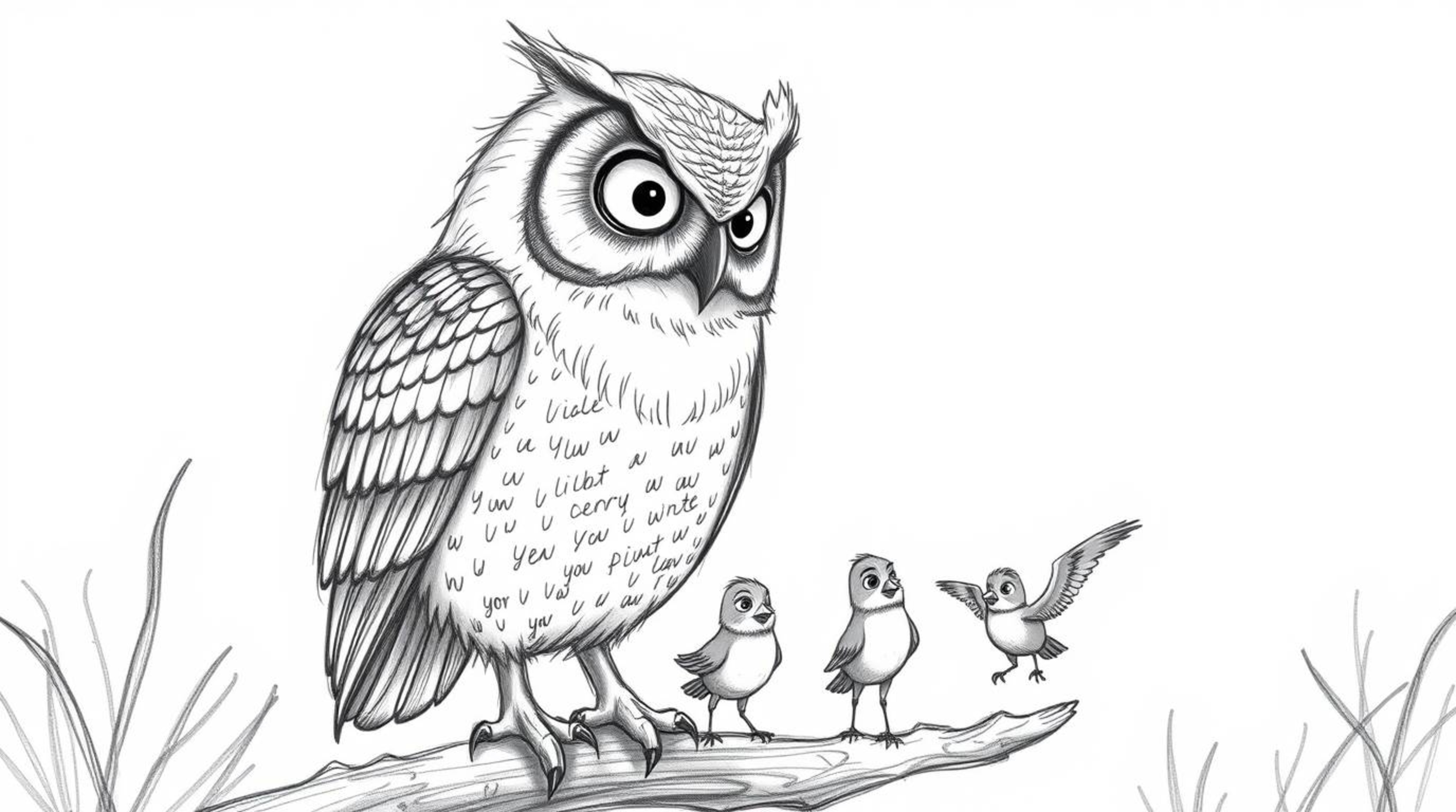 A hand-drawn pencil sketch in the style of Pixar depicts a wise, blind owl patiently guiding several small birds during fligh