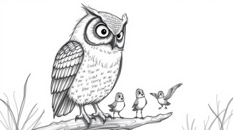 A hand-drawn pencil sketch in the style of Pixar depicts a wise, blind owl patiently guiding several small birds during fligh