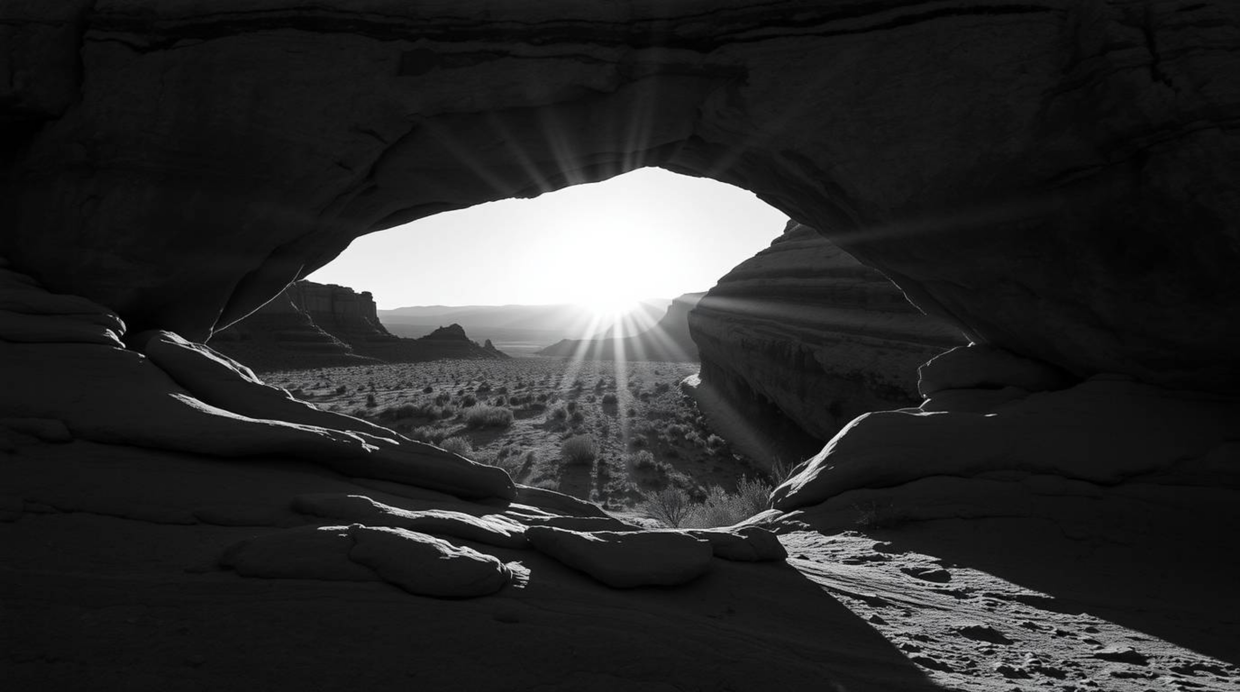 Classic black and white photography evokes a sense of timeless elegance by capturing a breathtaking desert sunset framed by a