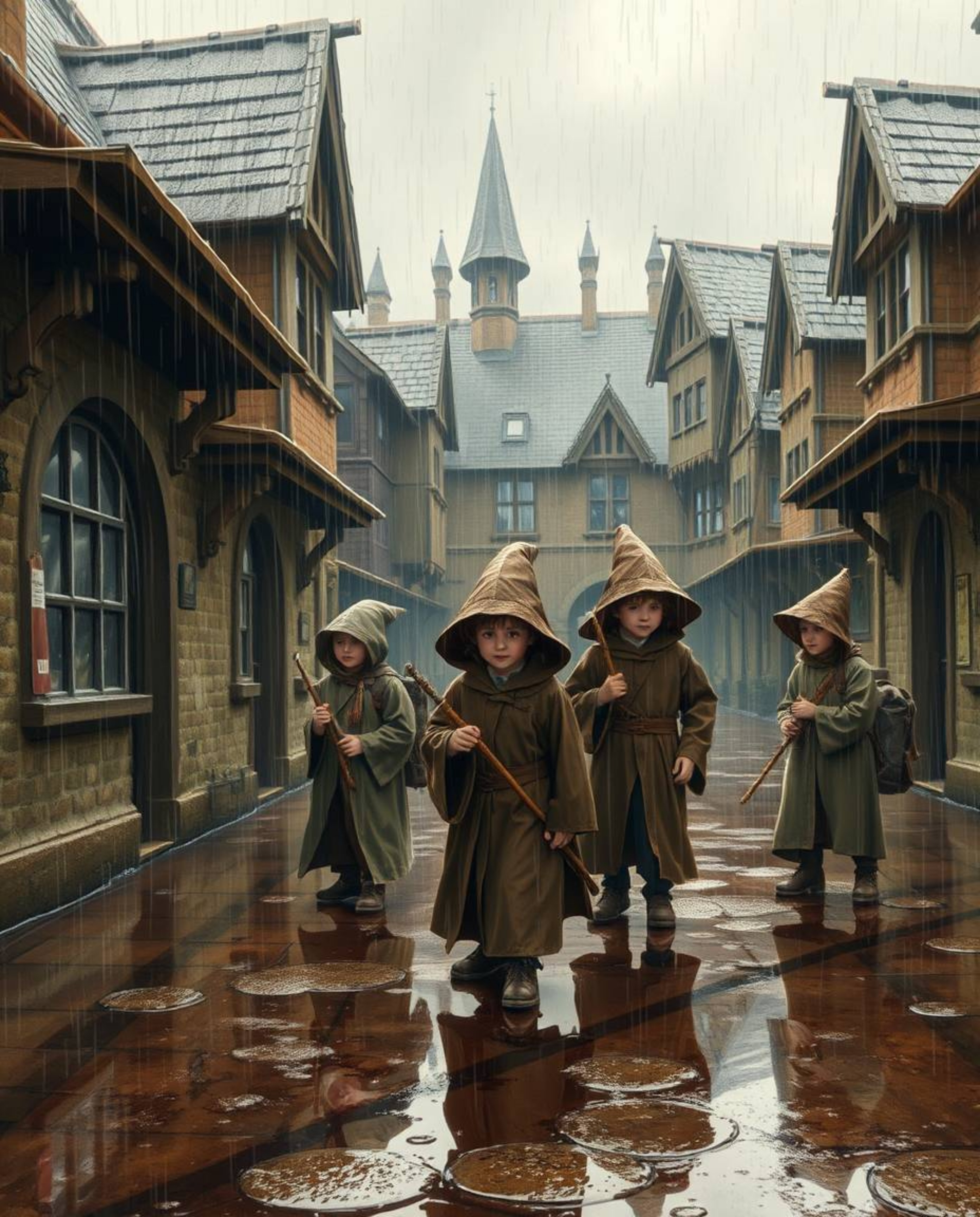 Immerse yourself in a captivating scene of a magical school brimming with young wizards, rendered in natural earth tones of b