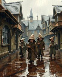 Immerse yourself in a captivating scene of a magical school brimming with young wizards, rendered in natural earth tones of b