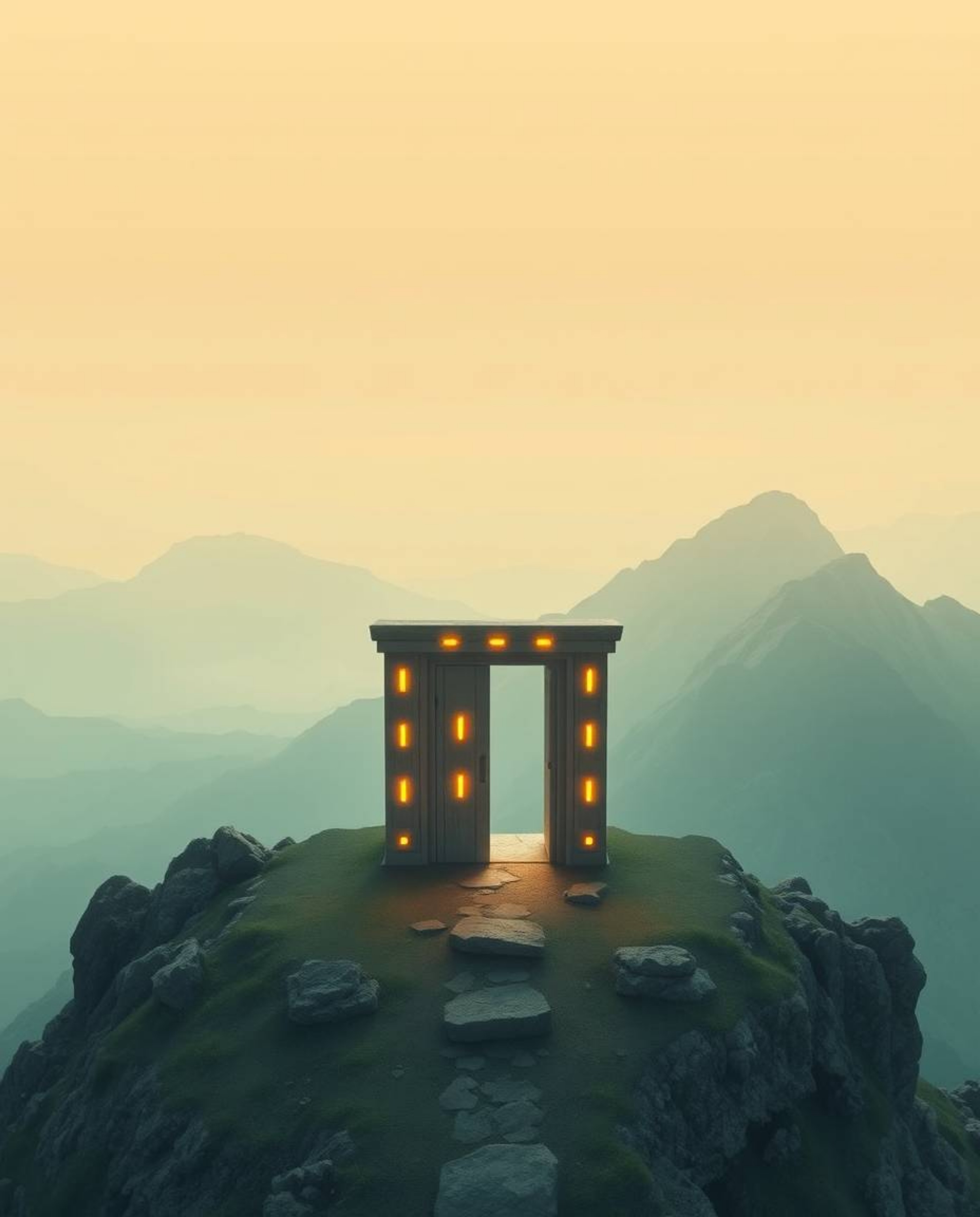 Overhead bird's eye view of an ancient doorway, adorned with glowing runes, embedded in a mountainside.  Rendered in a soft c