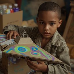 Captivating high fashion photography showcases a young boy with bright, curious eyes, engrossed in building a detailed cardbo