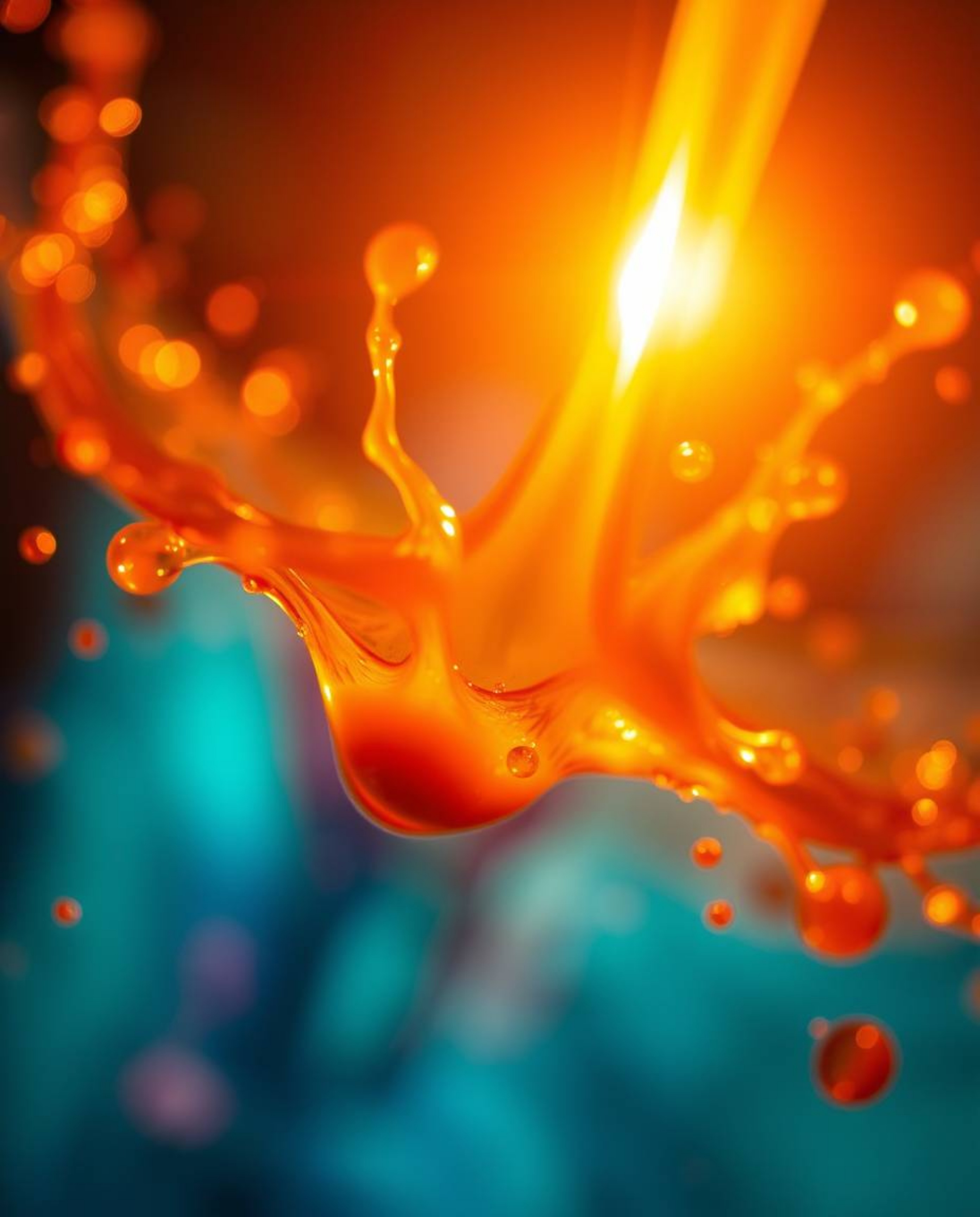 An extreme macro close-up captures a vibrant paint splash frozen mid-air by a high-speed camera, bathed in a warm, golden glo