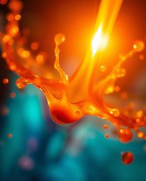 An extreme macro close-up captures a vibrant paint splash frozen mid-air by a high-speed camera, bathed in a warm, golden glo