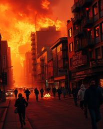 This high-resolution stock photo captures a dramatic scene of a city engulfed in flames, with people running in a desperate a