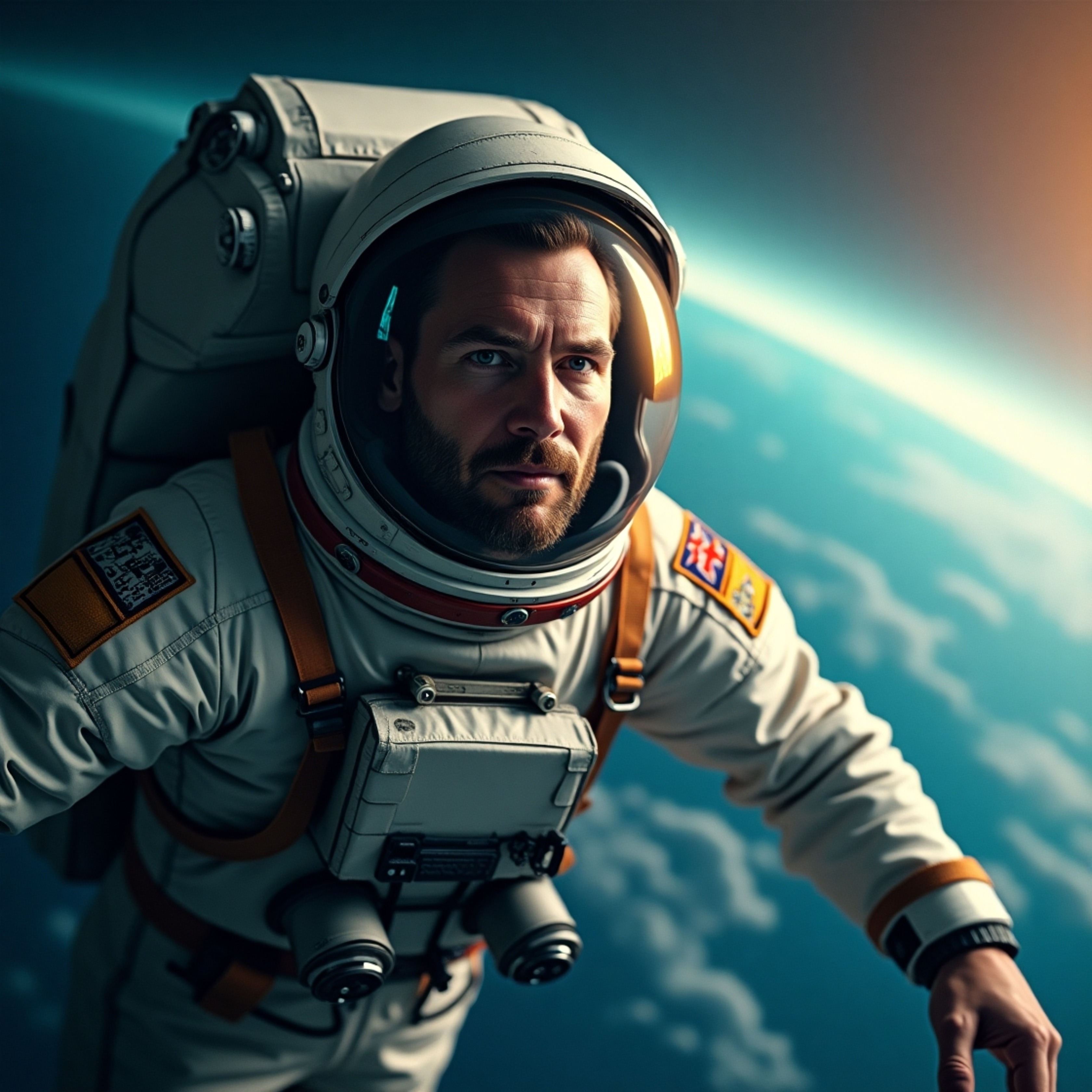 A solitary Caucasian male astronaut, his face etched with determination, drifts peacefully in the vast expanse of space. He w