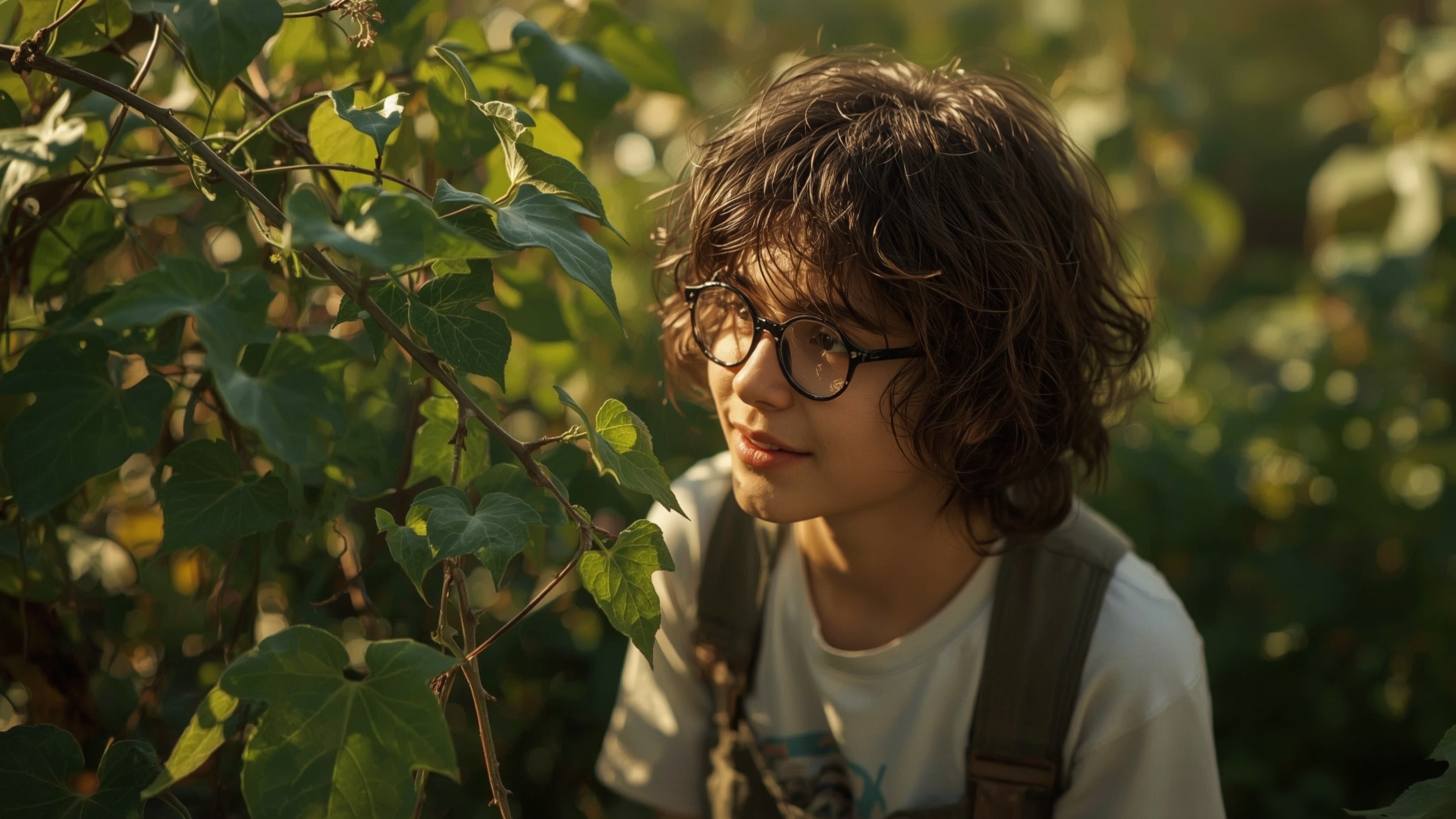 In a warm and intimate cinematic photograph, a gentle, bespectacled homeschooled genius with a kind smile and unruly curly ha