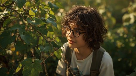 In a warm and intimate cinematic photograph, a gentle, bespectacled homeschooled genius with a kind smile and unruly curly ha