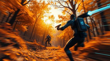 Experience a stunning digital painting depicting a futuristic sci-fi autumn forest.  Golden leaves illuminate the scene under