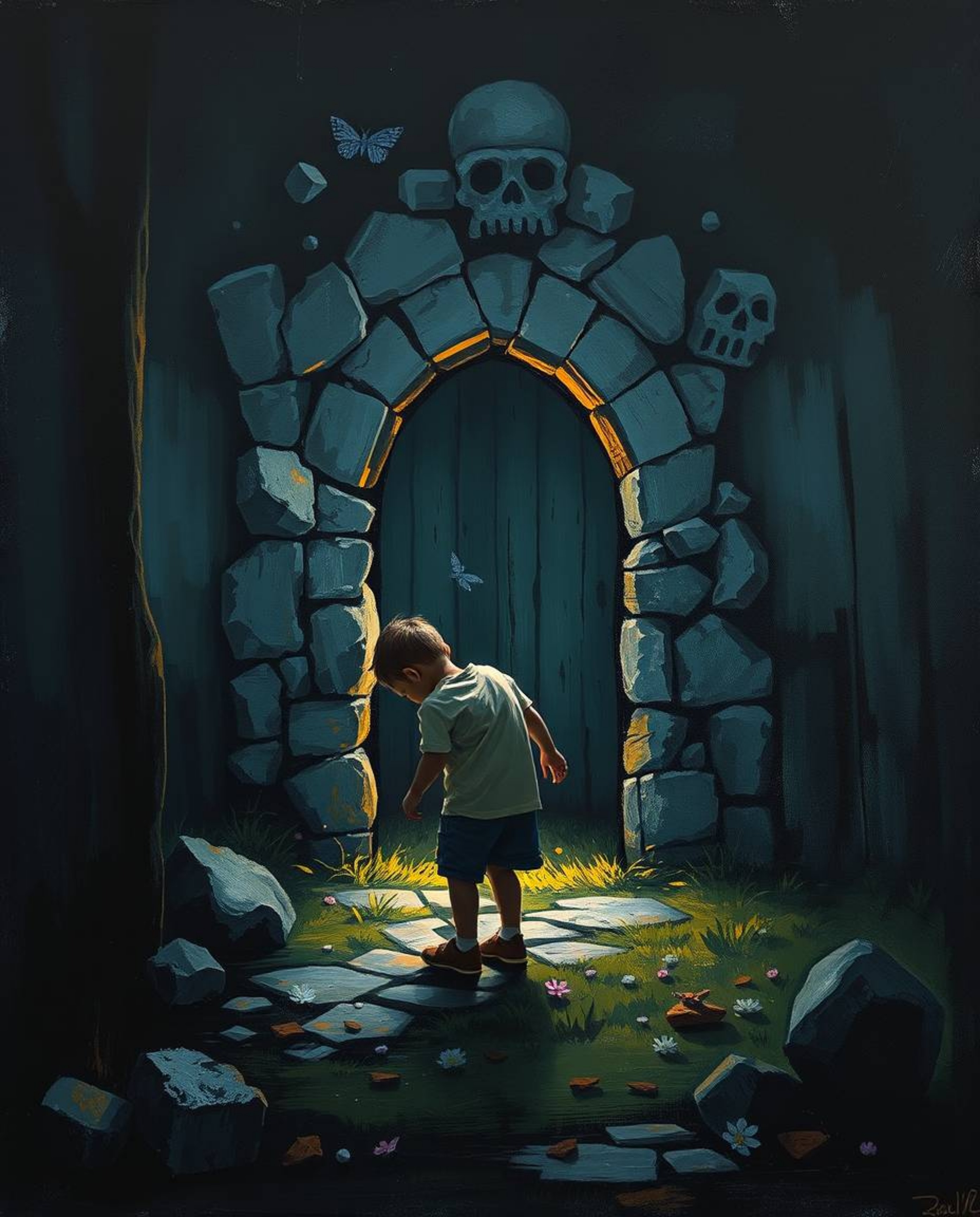 A captivating high-contrast oil painting depicts a child's wondrous discovery of a magical portal hidden in their backyard.  