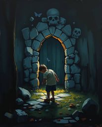 A captivating high-contrast oil painting depicts a child's wondrous discovery of a magical portal hidden in their backyard.
