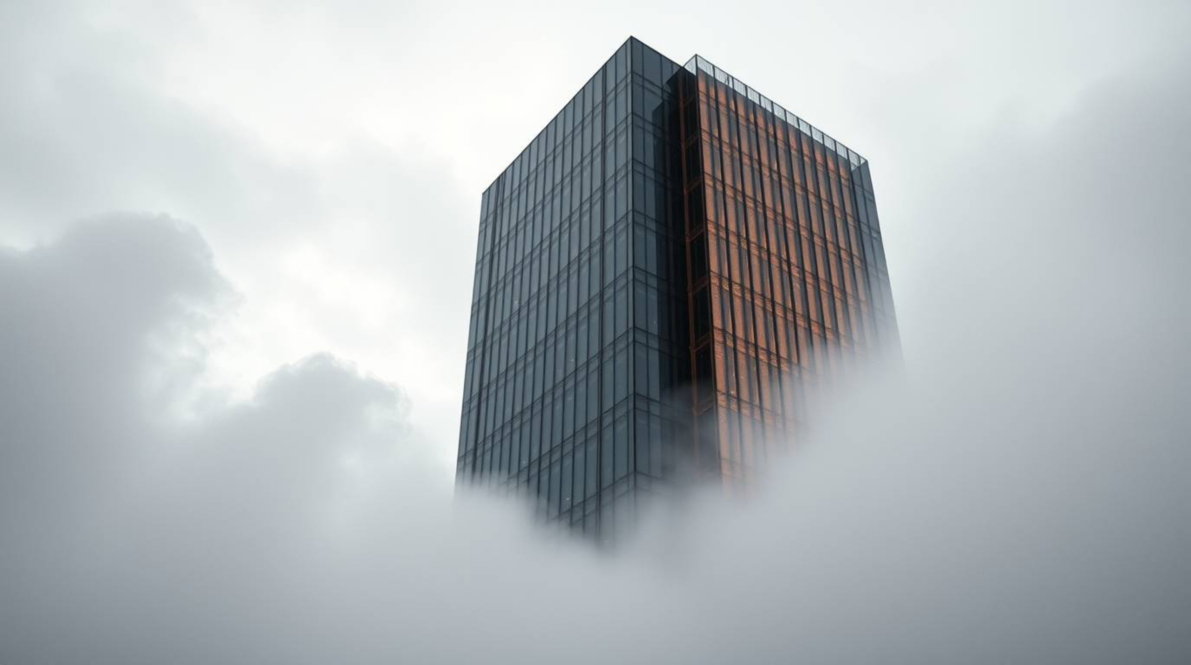 This artwork captures an epic scene of a modern glass building cast in bronze, seemingly dissolving into a foggy sky. Soft cl