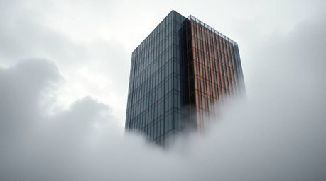This artwork captures an epic scene of a modern glass building cast in bronze, seemingly dissolving into a foggy sky. Soft cl