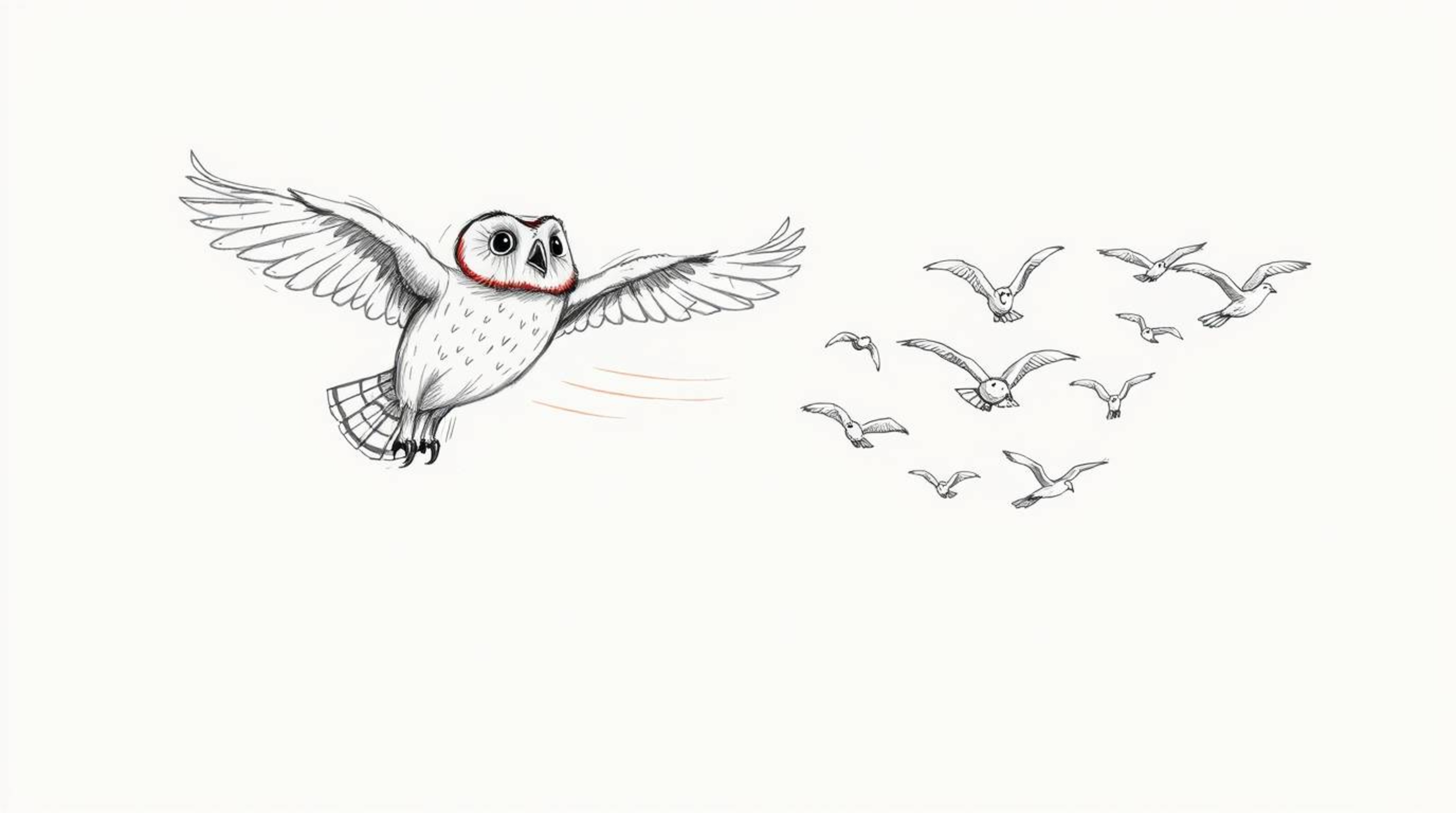 A captivating hand-drawn sketch in the style of Pixar showcases a blind owl, gracefully mid-flight, in the heartwarming act o
