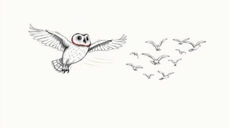 A captivating hand-drawn sketch in the style of Pixar showcases a blind owl, gracefully mid-flight, in the heartwarming act o