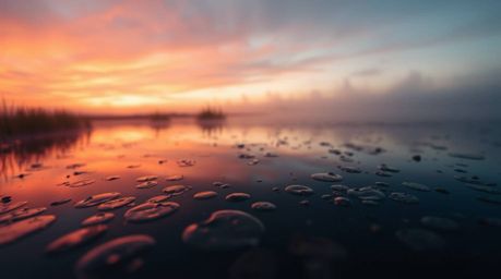 A captivating cinematic image showcases a serene pond reflecting a vibrant sunset.  Iridescent colors shimmer in soft focus, 