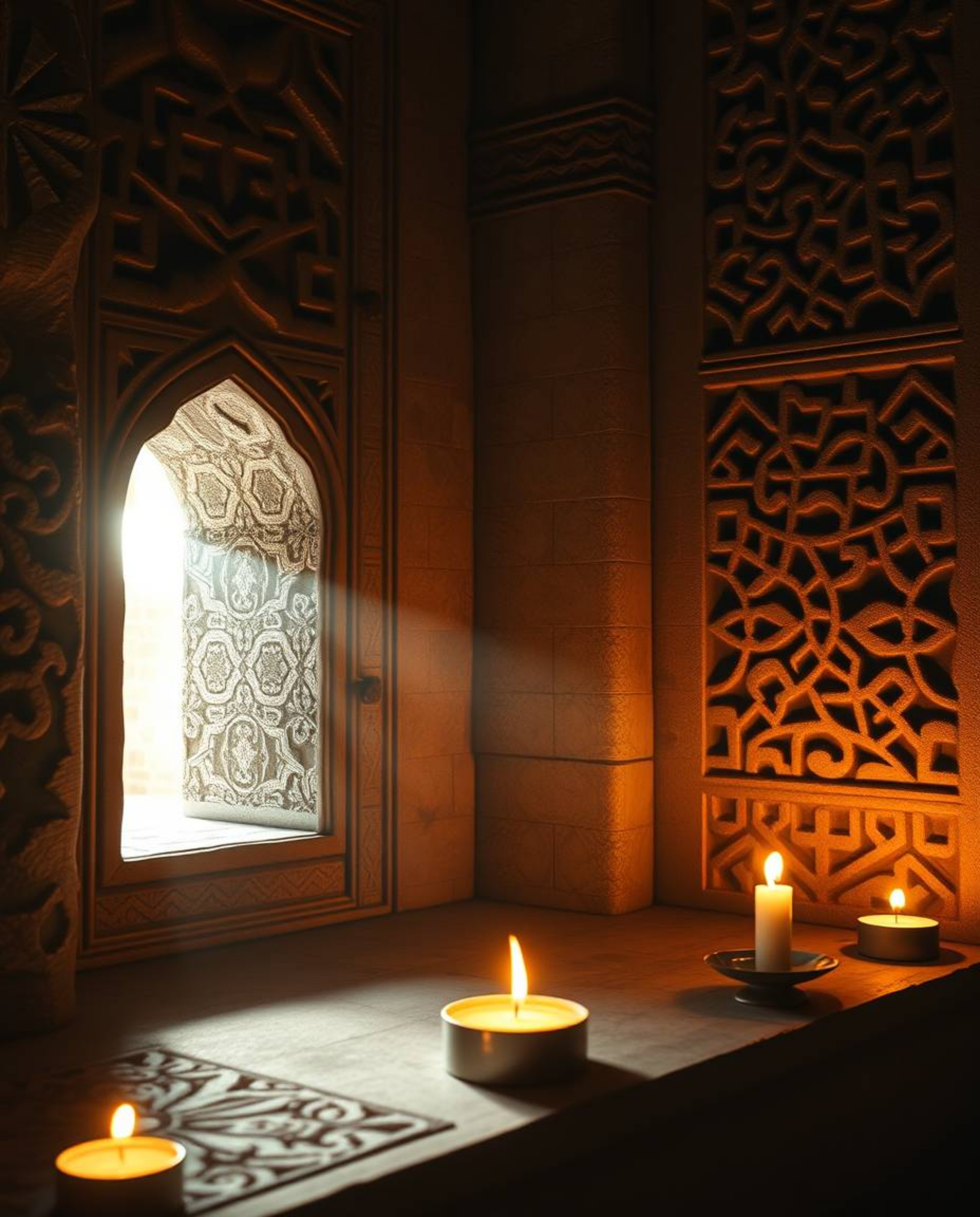 Capture the ethereal and spiritual ambiance of Islamic art with this image showcasing warm candlelight illuminating intricate