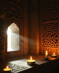 Capture the ethereal and spiritual ambiance of Islamic art with this image showcasing warm candlelight illuminating intricate