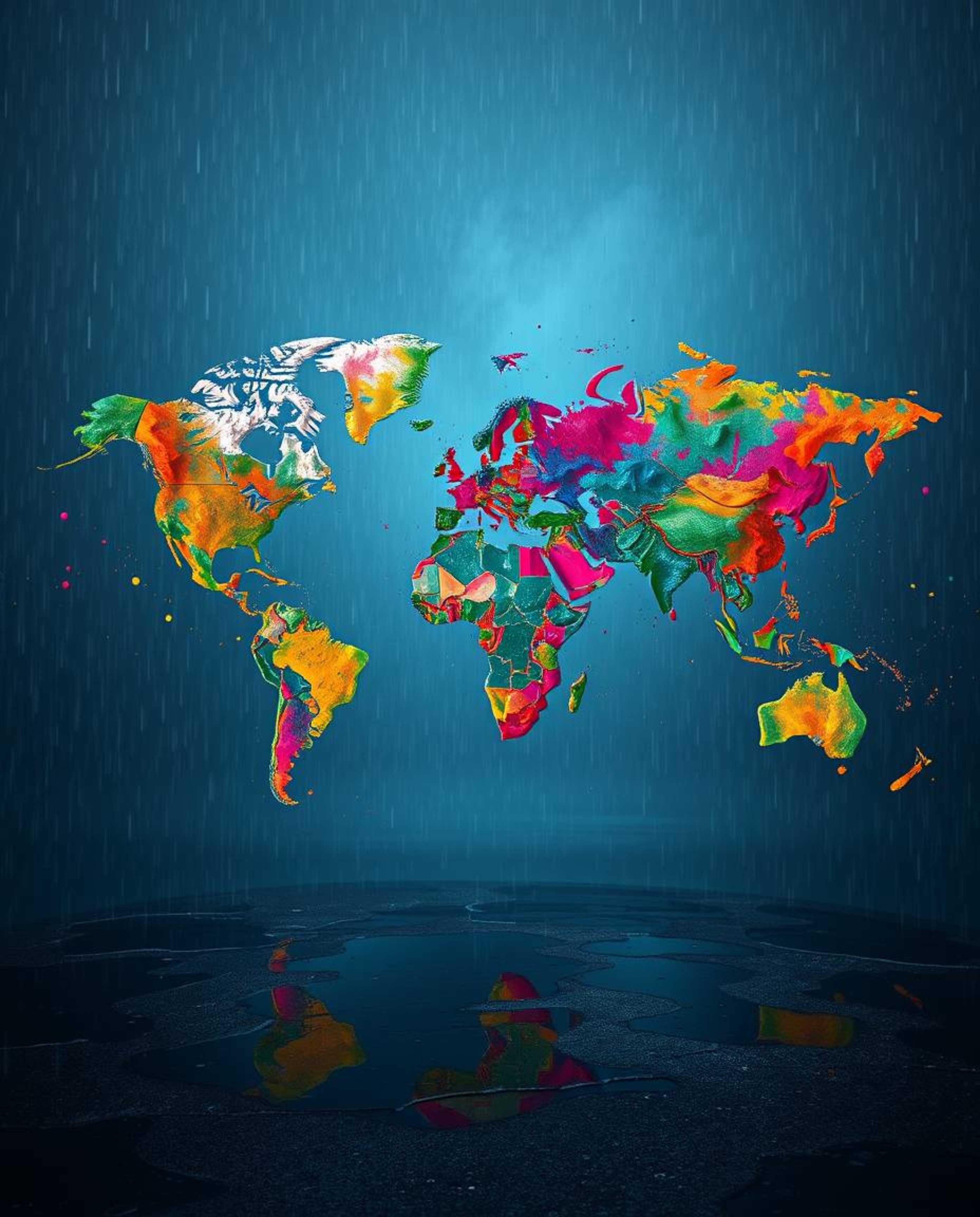 This image portrays a creative abstract world map formed from bright, colorful splashes against an eerie and creepy backdrop.