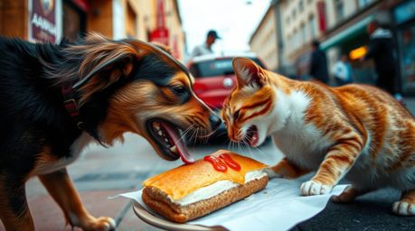 This candid street photograph captures a humorous moment of a dog and cat battling over a large sandwich in an urban setting.