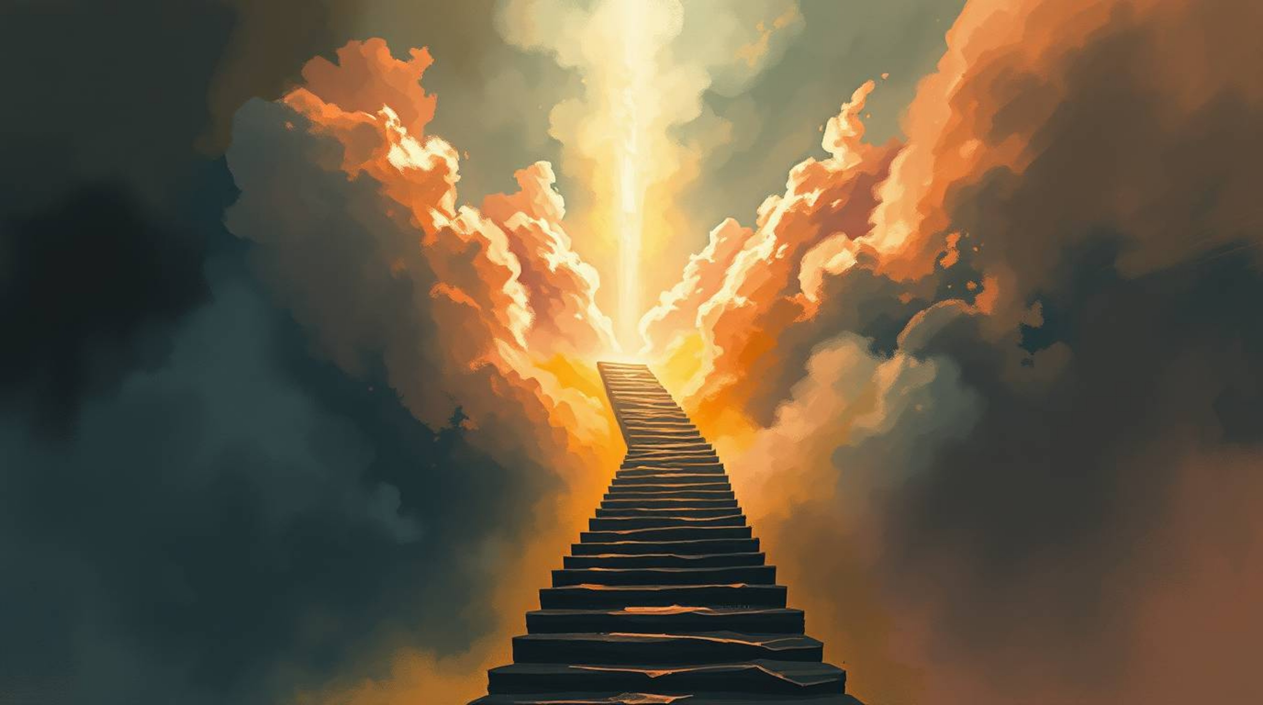 A dramatic and cinematic digital sketch depicts intense weather and a surreal stairway winding through smoky clouds towards c