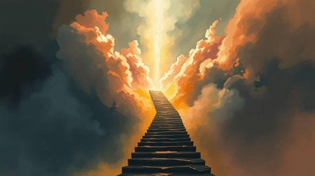 A dramatic and cinematic digital sketch depicts intense weather and a surreal stairway winding through smoky clouds towards c