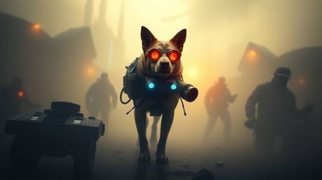 Immerse yourself in an epic scene featuring a dog detective equipped with cutting-edge, high-tech gadgets navigating a dense,