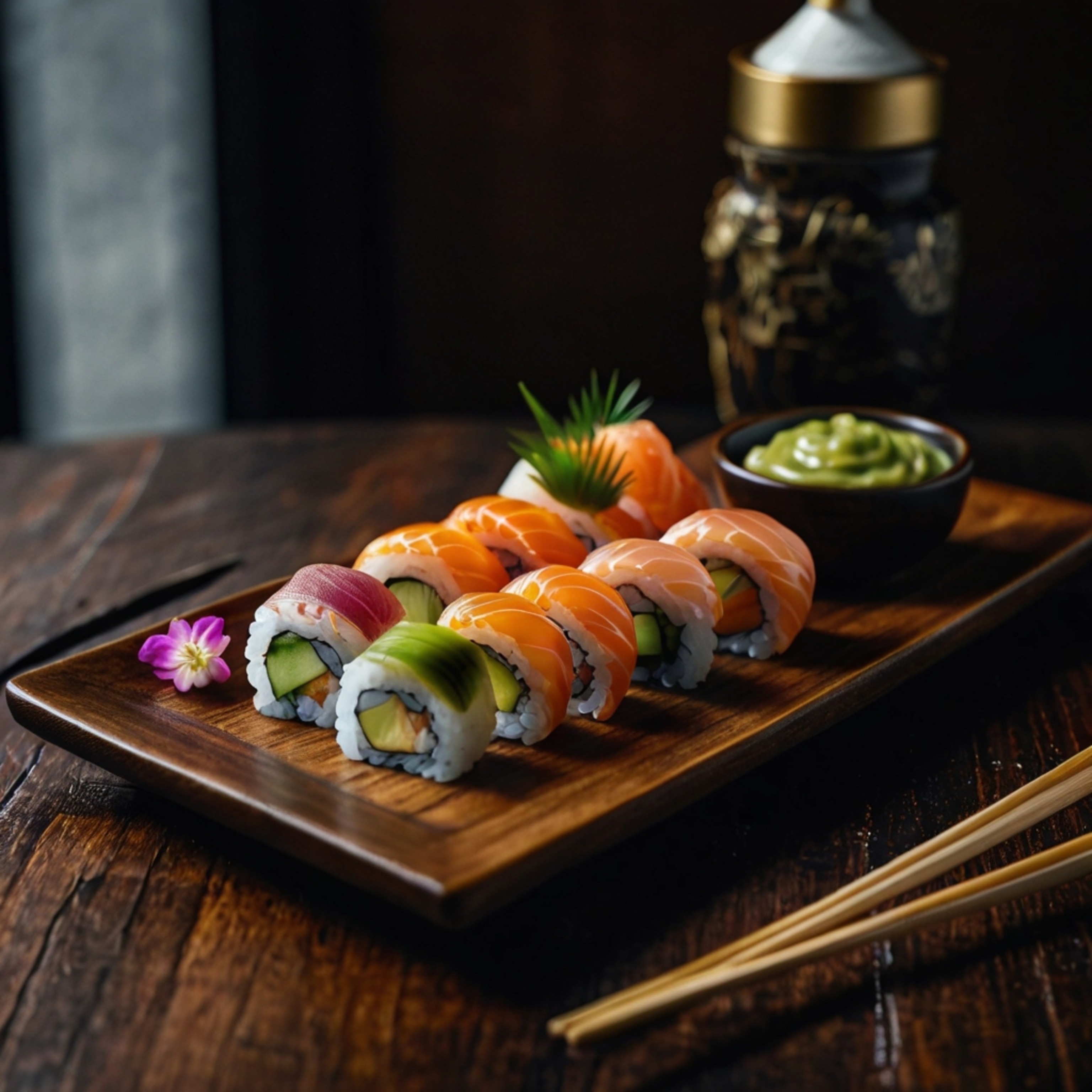 A beautifully arranged plate of sushi with a variety of colorful pieces and dipping sauces sits elegantly on a dark wooden ta