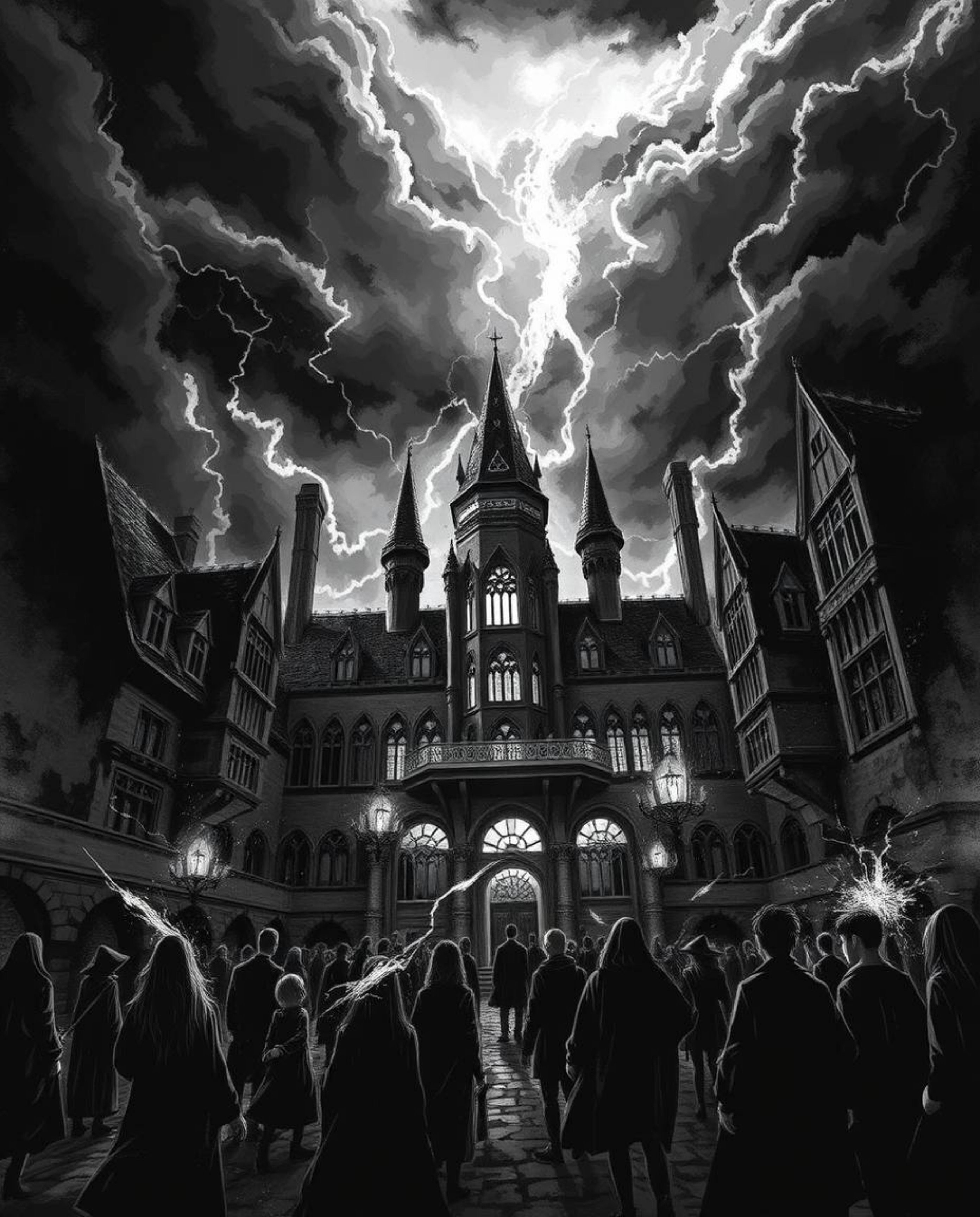 Experience the dramatic intensity of a magical school depicted in stunning black and white. Follow young wizards navigating