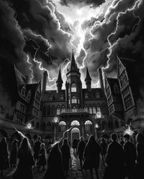 Experience the dramatic intensity of a magical school depicted in stunning black and white.  Follow young wizards navigating 