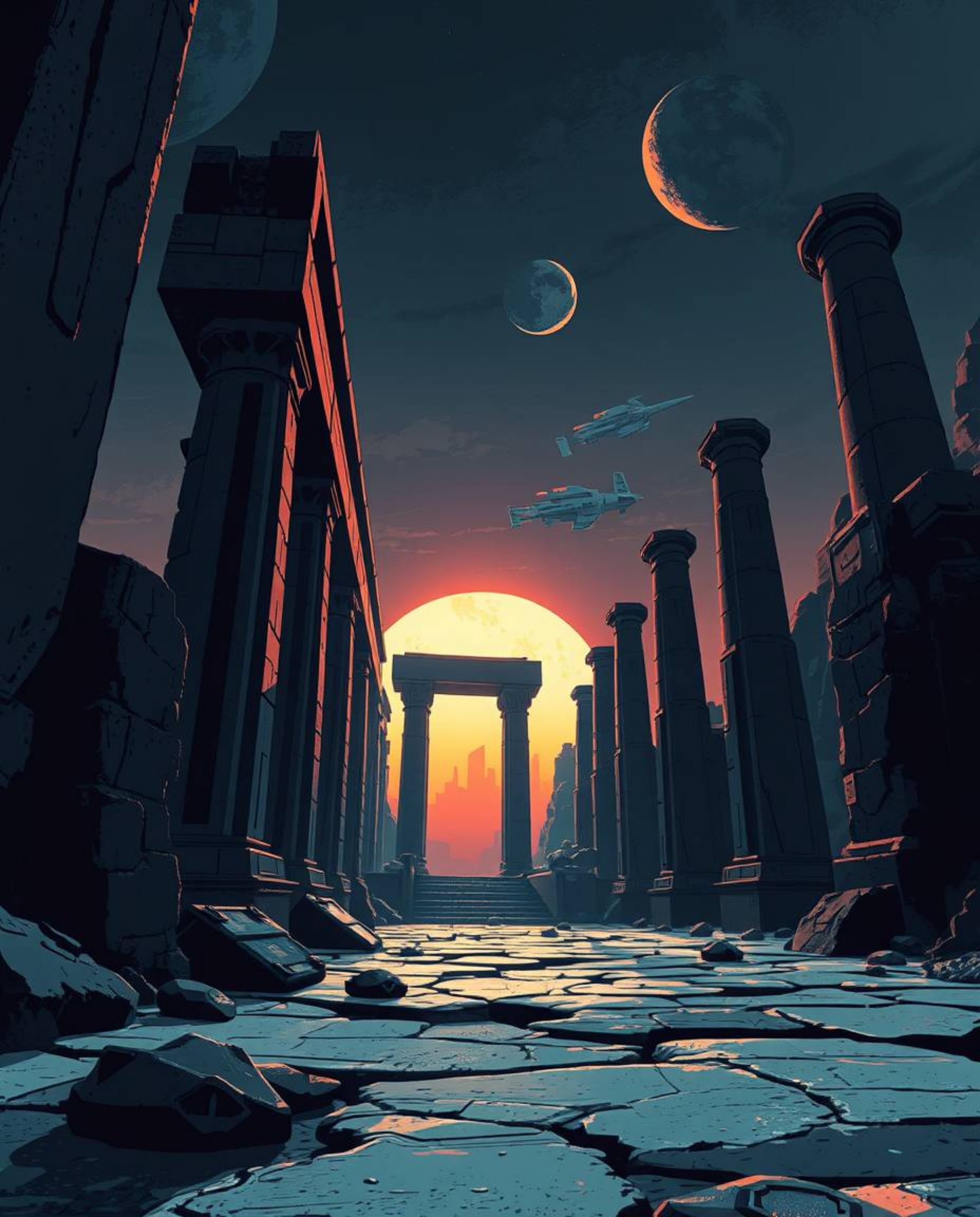 A futuristic sci-fi illustration depicting ancient stone ruins at sunset from a low-angle perspective. The scene features con
