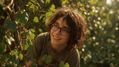 In a warm and intimate cinematic photograph, a gentle, bespectacled homeschooled genius with unruly curly brown hair shares a
