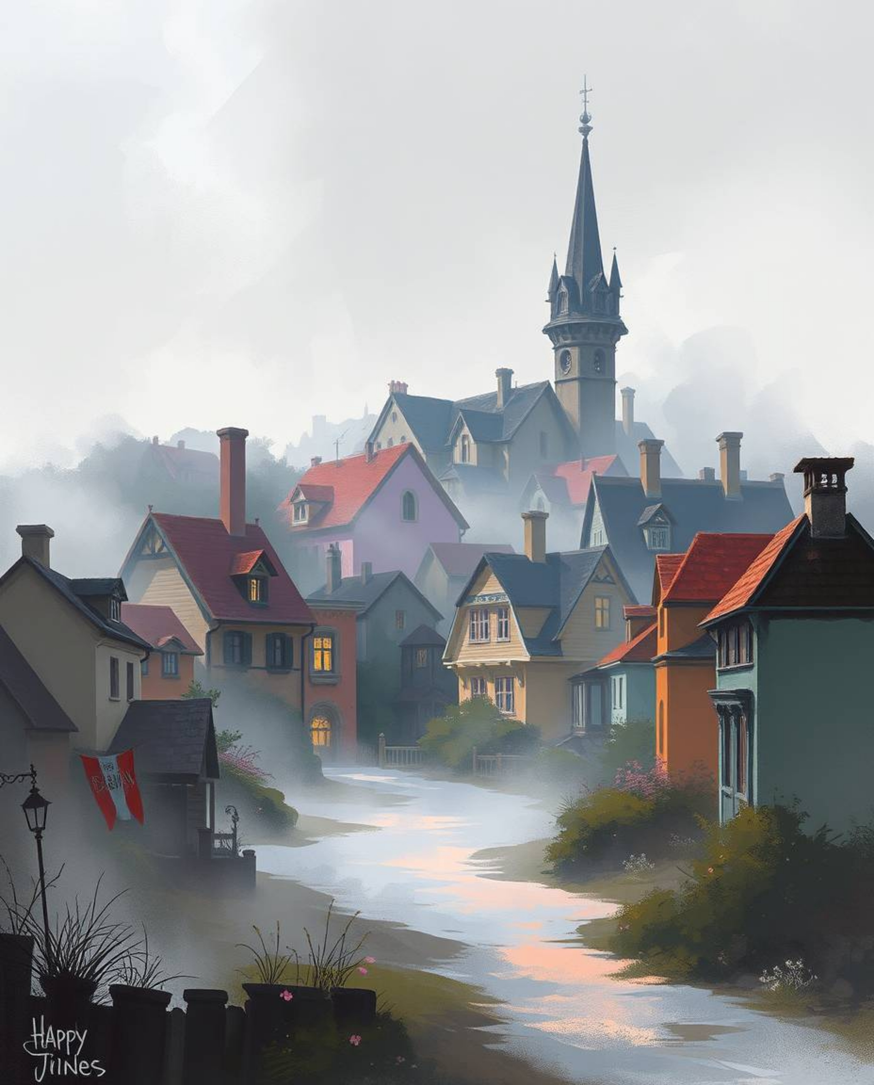 A dynamic digital sketch captures the essence of a sleepy town, rendered with loose painterly strokes and a captivating misty