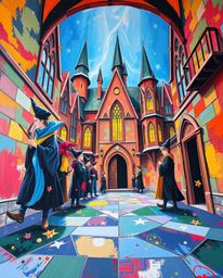 This captivating acrylic painting depicts a magical school from a dramatic low angle, highlighting the vibrant energy of youn
