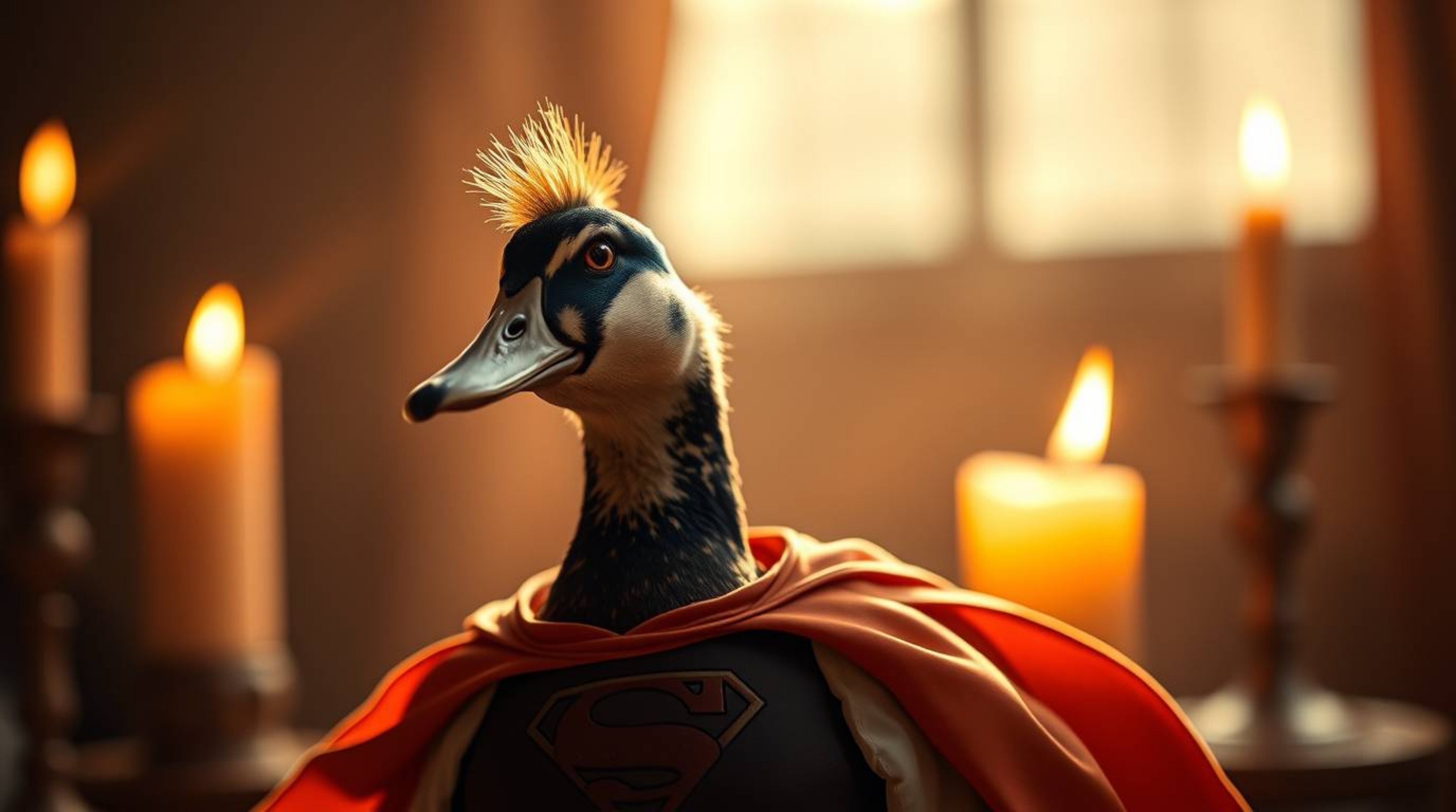 A duck in a zany superhero costume, illuminated by warm candlelight, is presented in natural earth tones like browns and beig