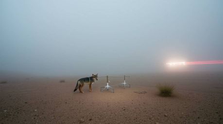 A captivating long exposure photograph depicts a coyote in a foggy desert, meticulously setting up a comically absurd trap. T