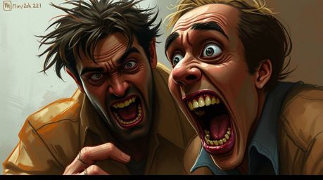 A dramatic digital sketch depicting a hilarious gross-out comedy moment with exaggerated expressions.  The artwork features a