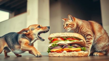 A captivating architectural photograph depicts a hilarious scene: a dog and a cat engaged in a fierce battle over an enormous