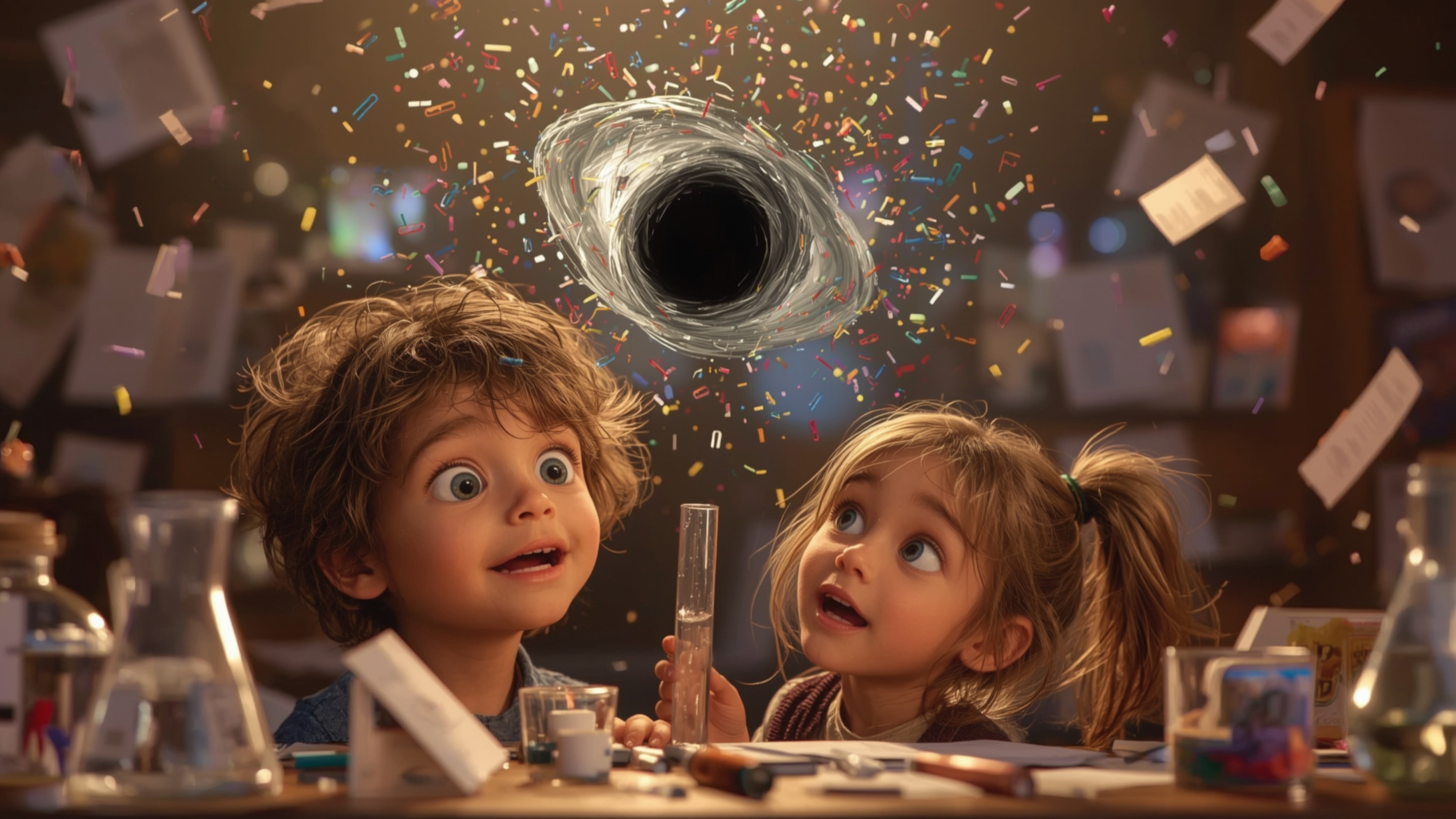 In a vibrant, cinematic photograph rendered in a hyper-realistic, Pixar-inspired style, a dynamic science fair duo unwittingl