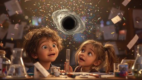 In a vibrant, cinematic photograph rendered in a hyper-realistic, Pixar-inspired style, a dynamic science fair duo unwittingl