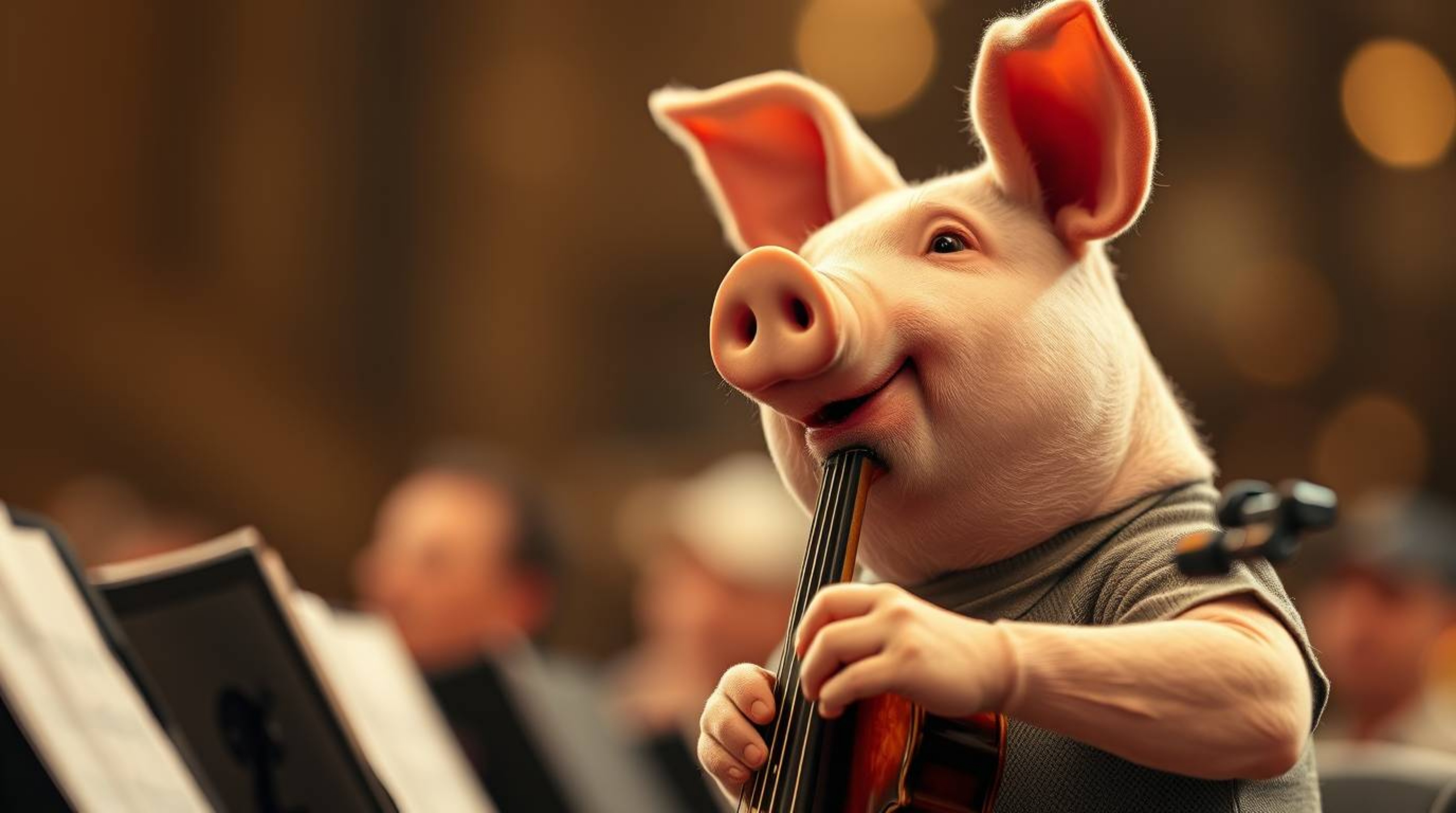 A charming pig character is captured in sharp focus as it enthusiastically conducts an orchestra, set against a beautifully b