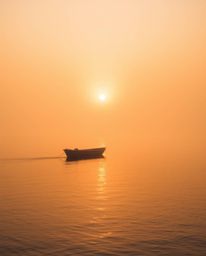 A boat gently drifts on a lake during the soft golden hour light of sunset, the scene imbued with a dreamy atmosphere, hazy a